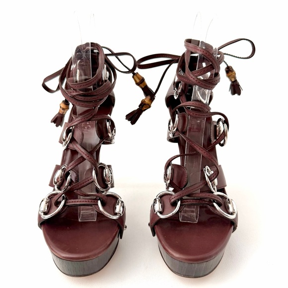 GUCCI || Brown Leather Bamboo Tassel Silver Ring Horsebit Platform Heels 6.5 - Picture 6 of 13